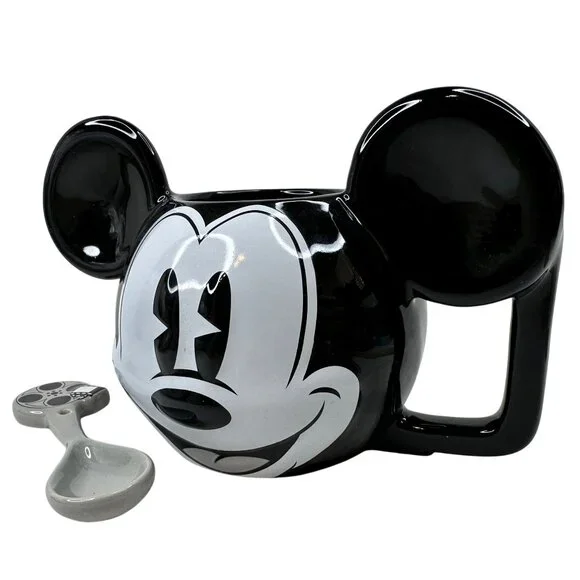 Vintage Disney Mickey Mouse Ceramic Mug W/ Spoon‎ Black & White 3D Ears D Handle - Picture 3 of 16